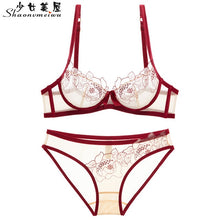 Load image into Gallery viewer, Shaonvmeiwu Ultra-thin gauze sexy embroidery lace bra lingerie suit